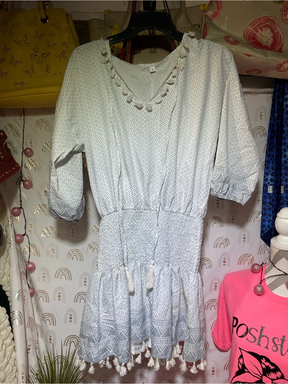 Light Gray Tassel-Trim Midi Dress with Smocked Waist